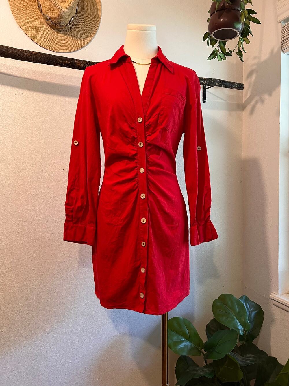 Zara Red Linen Button Front Ruched Rolled Sleeve Mini Summer Dress Size Small